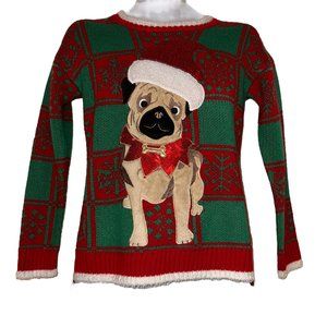 33 Degrees Mens Ugly Christmas Sweater XS Pug Santa Hat Holiday Puppy Dog Eyes